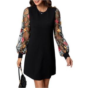 MakeMeChic Women's Fall Long Sleeve Floral Sheer Dress Wedding Guest Mesh Crew Neck Lace Black Mini Dresses, Small