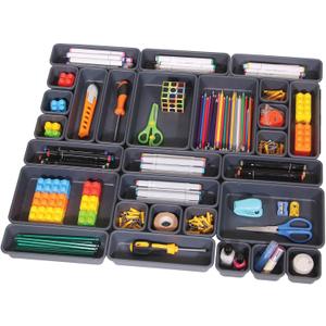 42 Pack Interlocking Desk Drawer Organizer Tray Dividers Plastic Shallow Narrow Drawers Organizers Separators Storage Bins Container for Kitchen Bathroom Makeup Office Vanity Dresser (Black)