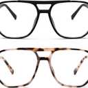 FEISEDY 2Pack Blue Light Blocking Glasses Fake Nerd Clear Square Computer Lightweight Pilot Glasses Frame Oversized B2866 (2pack Black+cow Leopard)