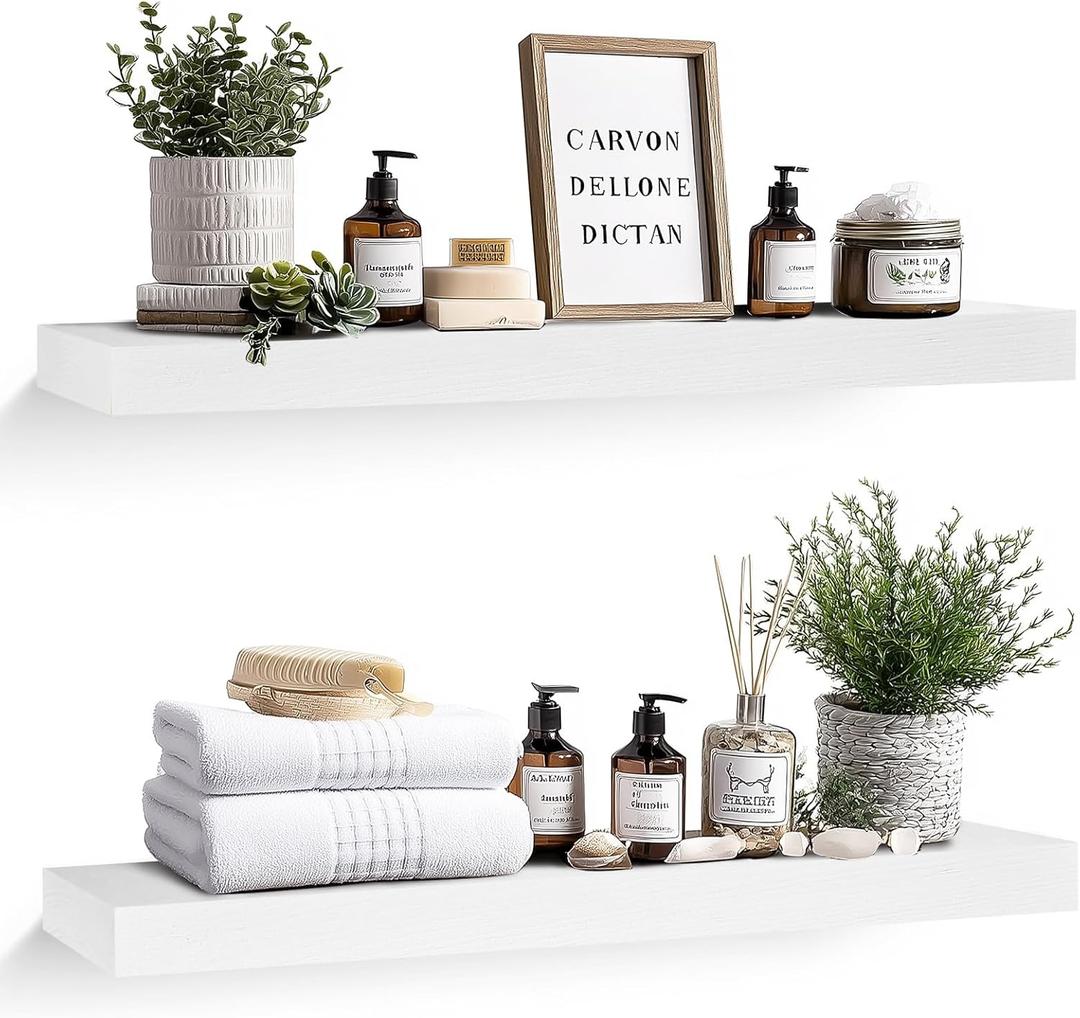 36x8x1.6 inch Floating Shelves Set of 2  Solid Wood Rustic White Wall Mounted Shelf for Kitchen, Bathroom, Living Room