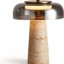 Travertine Lamp, Natural Stone Table Lamps with Glass Shade, 12W Mushroom Bedside Nightstand Light Decor for Bedroom Living Room Office Console Side Entryway Counter Gifts (Smoked Glass+Travertine)