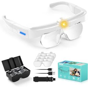 Magnifying Glass with Lights, Headband Hands Free Magnifying Glasses for Close Work, Flip-up Magnifier with 3 Color Temperature, 1.5X to 5.0X Lenses for Jewelry Crafts Soldering Repair (White)