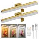 Picture Lights for Wall Battery Operated,2-Pack 16in Magnetic Rechargeable Cordless Picture Light with Remote,Dimmable,Timer Painting Light,Art Display Light for Picture Frame Artworking Portrait,Gold