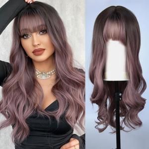 Ombre Pink Wigs With Bangs for Women 26 Inch Long Curly Wave Wig Heat Resistant Synthetic Hair Looking Natural Fiber Wig for Christmas Cosplay,Halloween,Daily Party Use