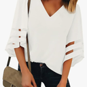 LookbookStore Women's V Neck Mesh Panel Blouse 3/4 Bell Sleeve Loose Top Shirt, SIZE XXL