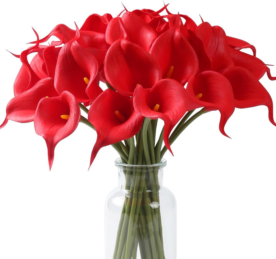 SITUMEIZI 24 PCS Red Fake Flowers Artificial Calla Lily Silk Flowers Real Touch for Mother's Day Easter Home Kitchen Decor Wedding Bouquet Office Spring Decoration