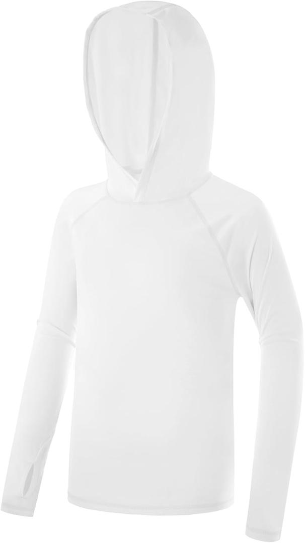 Boys Rash Guard Hoodie UPF 50+ Sun Protection Long Sleeve Swim Shirt Quick Dry Kids SPF Fishing Water Beach Shirts (Small, White)