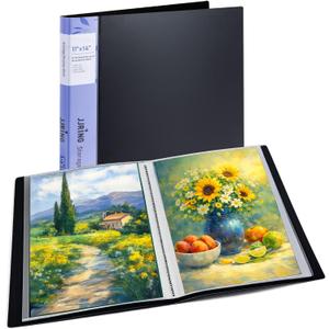 JJRING 11x14 Art Portfolio Folder with Plastic Sleeves, 24-Pocket Portfolio Binder Displaying 48 Pages, Presentation Book with Black Inner Paper for Artwork Storage, Black