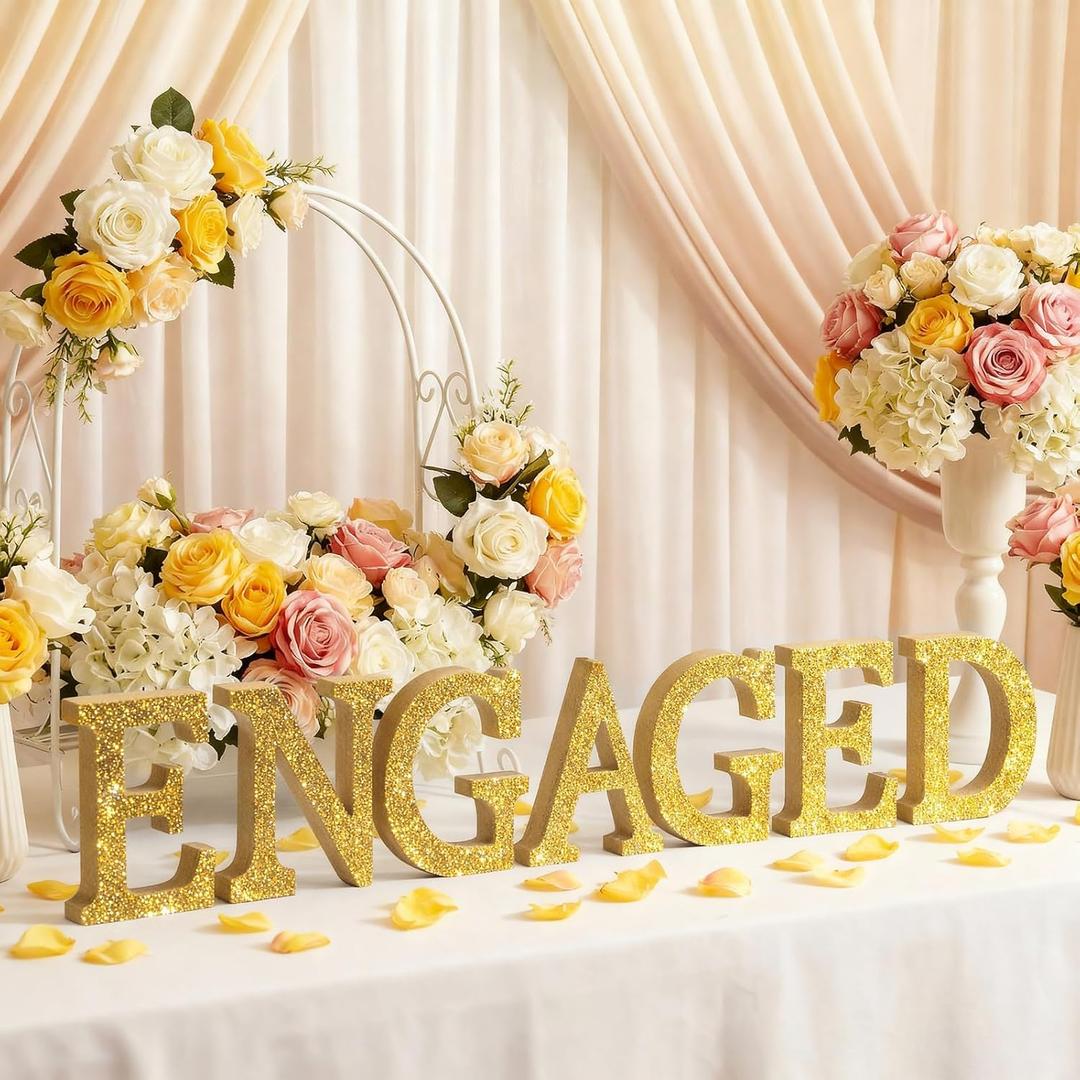 Novabright 7 Pcs Large Gold Engagement Party Decorations Wooden Letters Glitter Engaged Signs for Wedding Table Proposal Bridal Shower Engaged Party Decor Backdrop