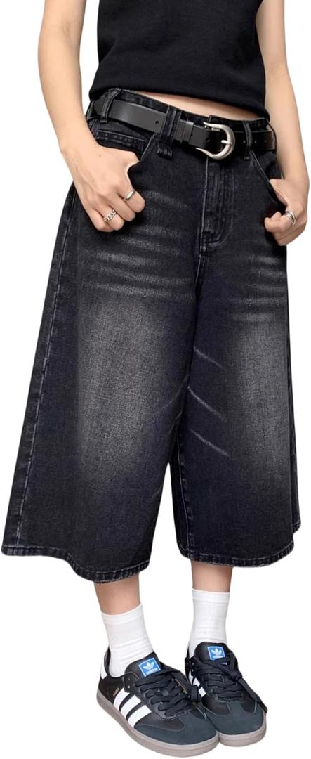 Long Jorts Y2k Hip Hop Jean Shorts Men Baggy Denim Shorts Loose Casual Vintage Wide Leg Designer Skater Shorts (Small)