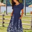 HOTOUCH Women's Summer A-Line Midi Dresses 2026 Casual Floral Short Sleeve T-Shirt Dress Flowy Beach Sundress with Pockets (Blue, S)