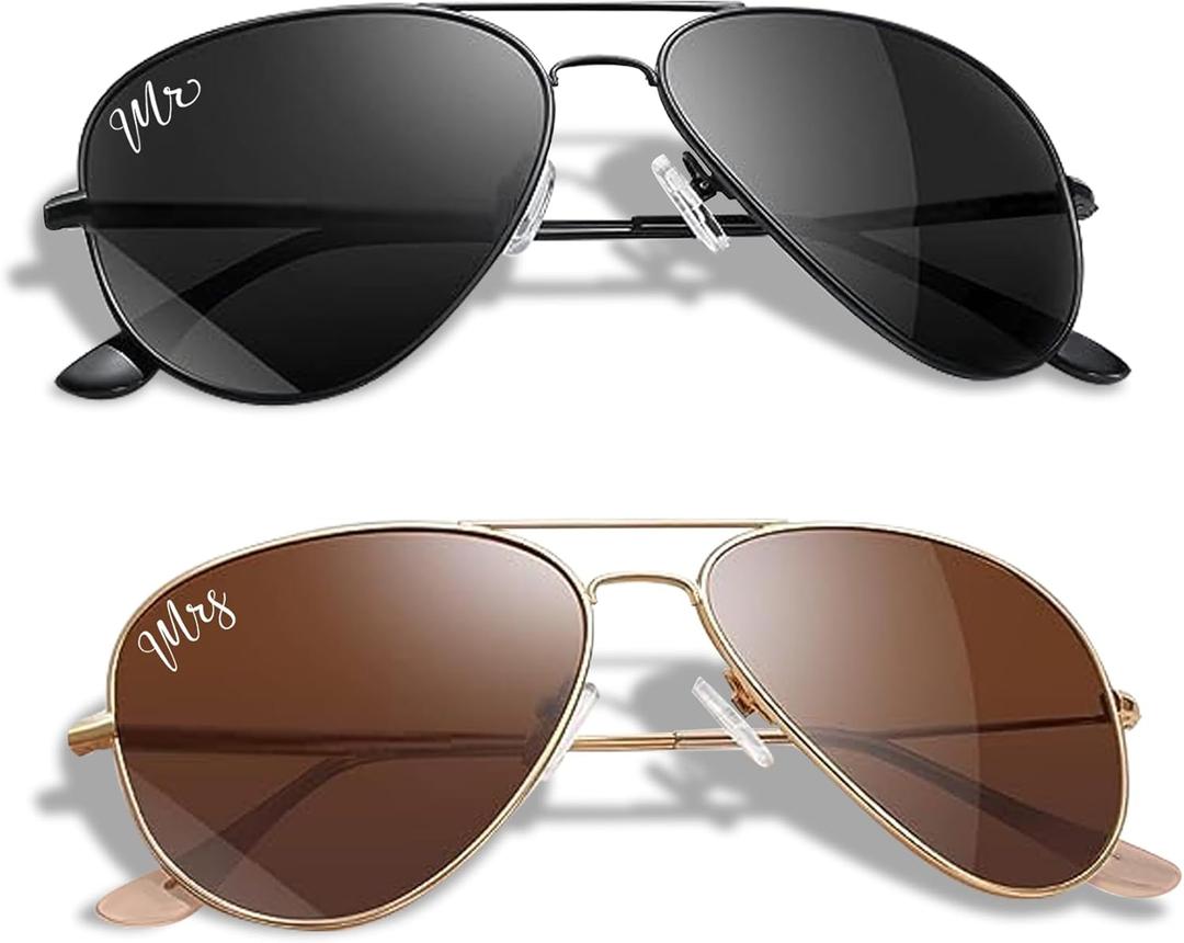 Bride and Groom Sunglasses – Couples Polarized Sunglasses, Bridal Shower Gifts for Wedding Party, C (2 Pack) Mr & Mrs/Black, Rose Gold