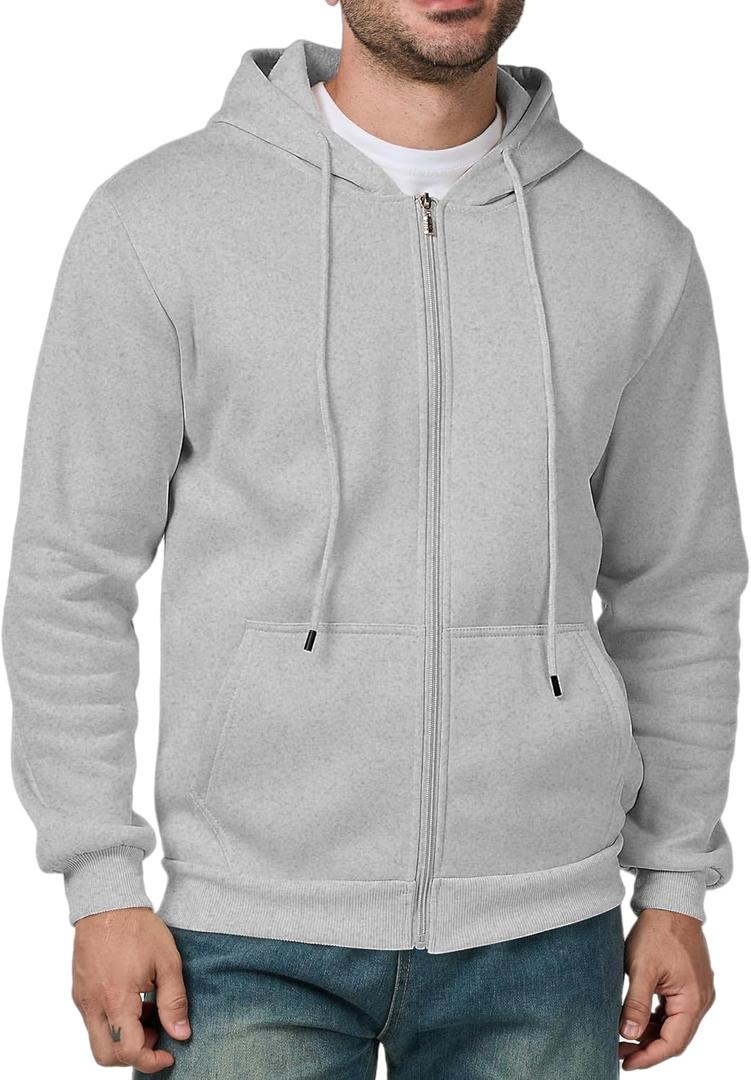 Men's Full Zip Hoodie Casual Long Sleeve Hooded Sweatshirt Fleece Drawstring Zip Up Jacket with Pockets (Large, Light Grey)