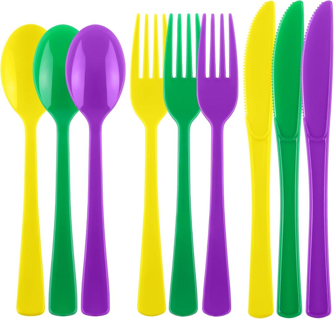 Kochorie 300 Pieces Mardi Gras Plastic Silverware, Disposable Plastic Masquerade Utensils Heavy Duty Cutlery Set Include Spoons Forks Knives for Carnival Birthday Mardi Gras Party, Purple Yellow Green