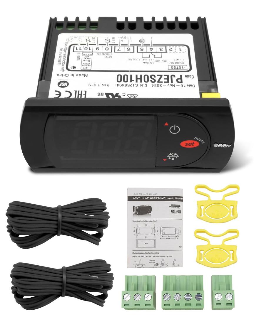 PJEZS0H100 Temperatur Controller Fit for Carel and All Refrigerator Types, 115V Digital Thermostat with Temperature Sensor Probe, Mounting Hardware and Instructions