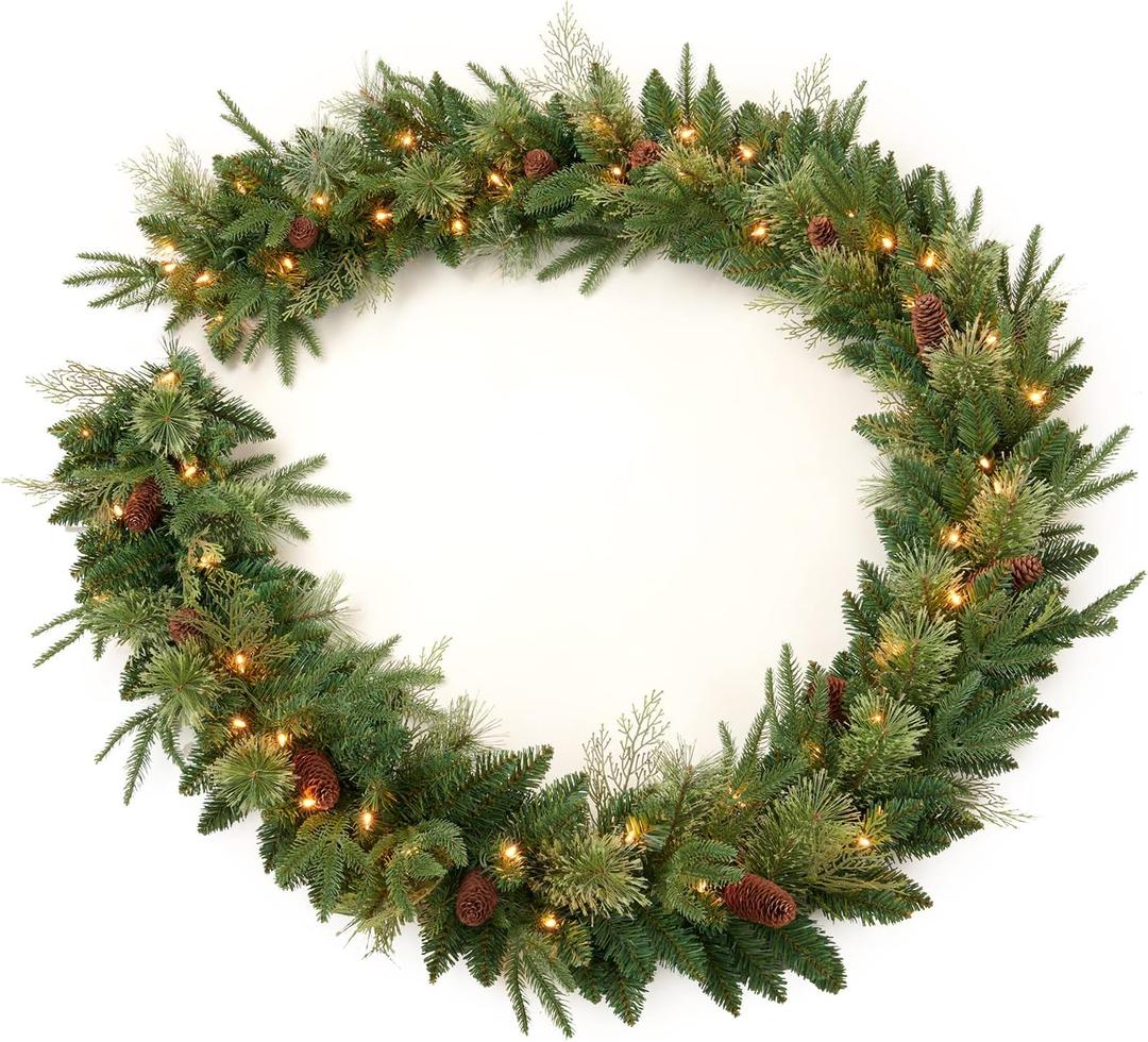 9Ft Pre-lit Christmas Garland 50 Lights, Plug in, Holiday Decoration Fireplace Stairs Mantle Door Indoor Outdoor, Pine Cone, PE Green
