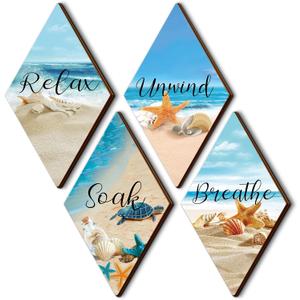 Geelin 4 Pcs Ocean Beach Style Bathroom Wall Decor Wood Relax Soak Unwind Breathe Coastal Wall Art with Hook Summer Blue Ocean Beach Seashell Starfish Bathroom Wooden Hanging Sign for Laundry (Diamond Shape)