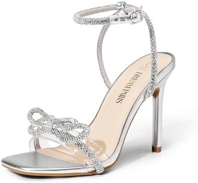 DREAM PAIRS Women's Double Bowknots Crystal Sandals Clear Slingback Heels Square Toe Shoes for Party Wedding. Size 6,5