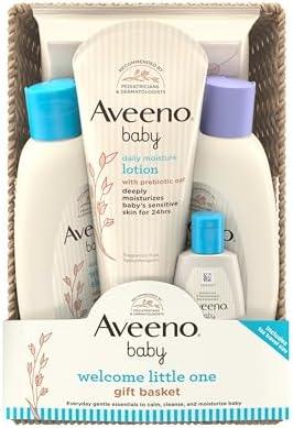Aveeno Baby Welcome Little One Gift Basket, Baby Skincare Set with Nourishing Baby Body Wash & Shampoo, Calming Bath Wash, All Over Baby Wipes, & Daily Moisturizing Lotion, 5 Items