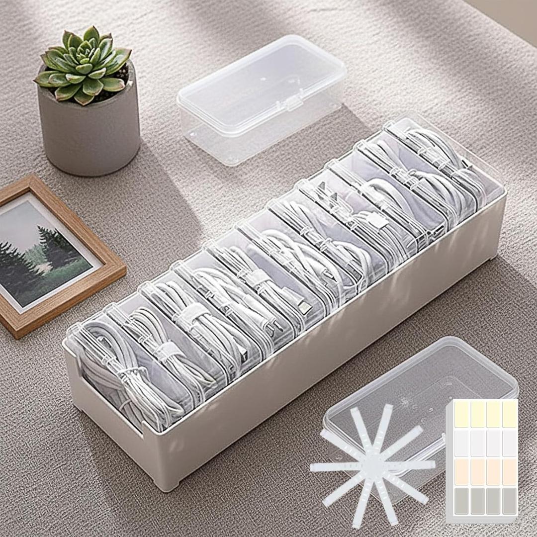 11 Case Cable Storage Box with Cable Straps and Label Stickers, Cord Organizer for Charging Cables, USB Wires, Earphones  Travel Cable Holder for Desk Drawer Organization (11 Cases + 11 Cable Straps)