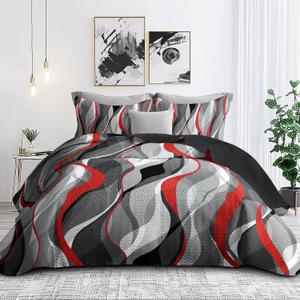 Classic Line Pattern Bedding Quilt Queen Size Modern Grey Red and Black Stripe Quilt with 2 Shams, Gray and Red Comforter Sets Lightweight Breathable Bedspreads Coverlet, 90''x96''
