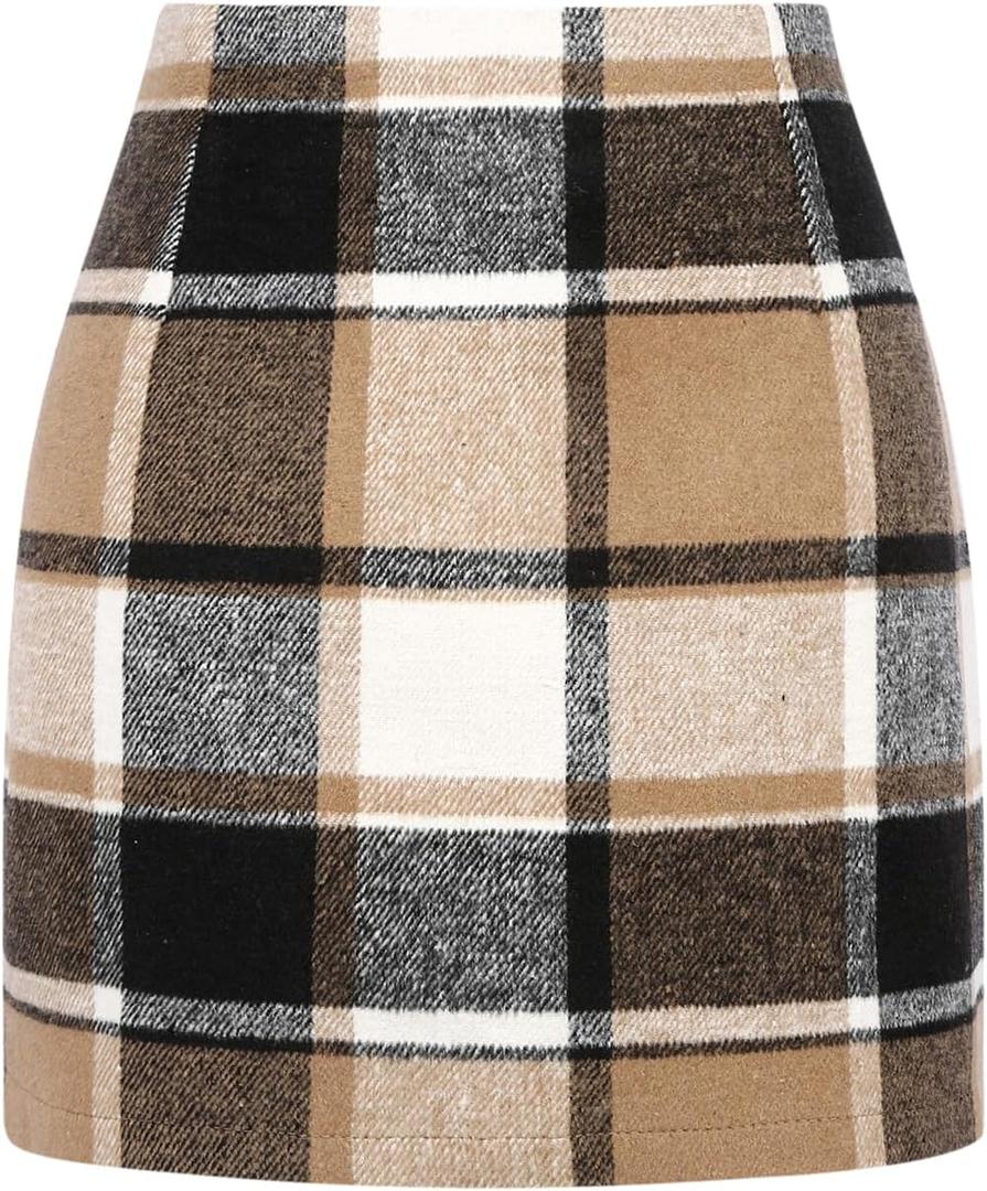 IDEALSANXUN Womens High Waist Plaid Skirt Bodycon Pencil Wool Mini Skirts (Large, Brown New)