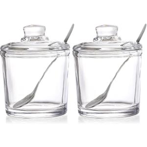 Frcctre Set of 2 Glass Sugar Bowl, 6 Ounces Clear Sugar Jar with Spoon and Lid, Salt Spice Pepper Bowl Seasoning Jar Condiment Pots Dispenser Container for Home Kitchen Coffee Bar