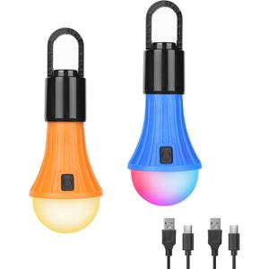 Lepro LED Rechargeable Camping Lantern, 7 White and RGB Light Modes, Camping Essentials, Hanging Light Bulbs with Clip Hook for Camping, Christmas, Decorations, Emergency, USB Cable Included, 2 Packs