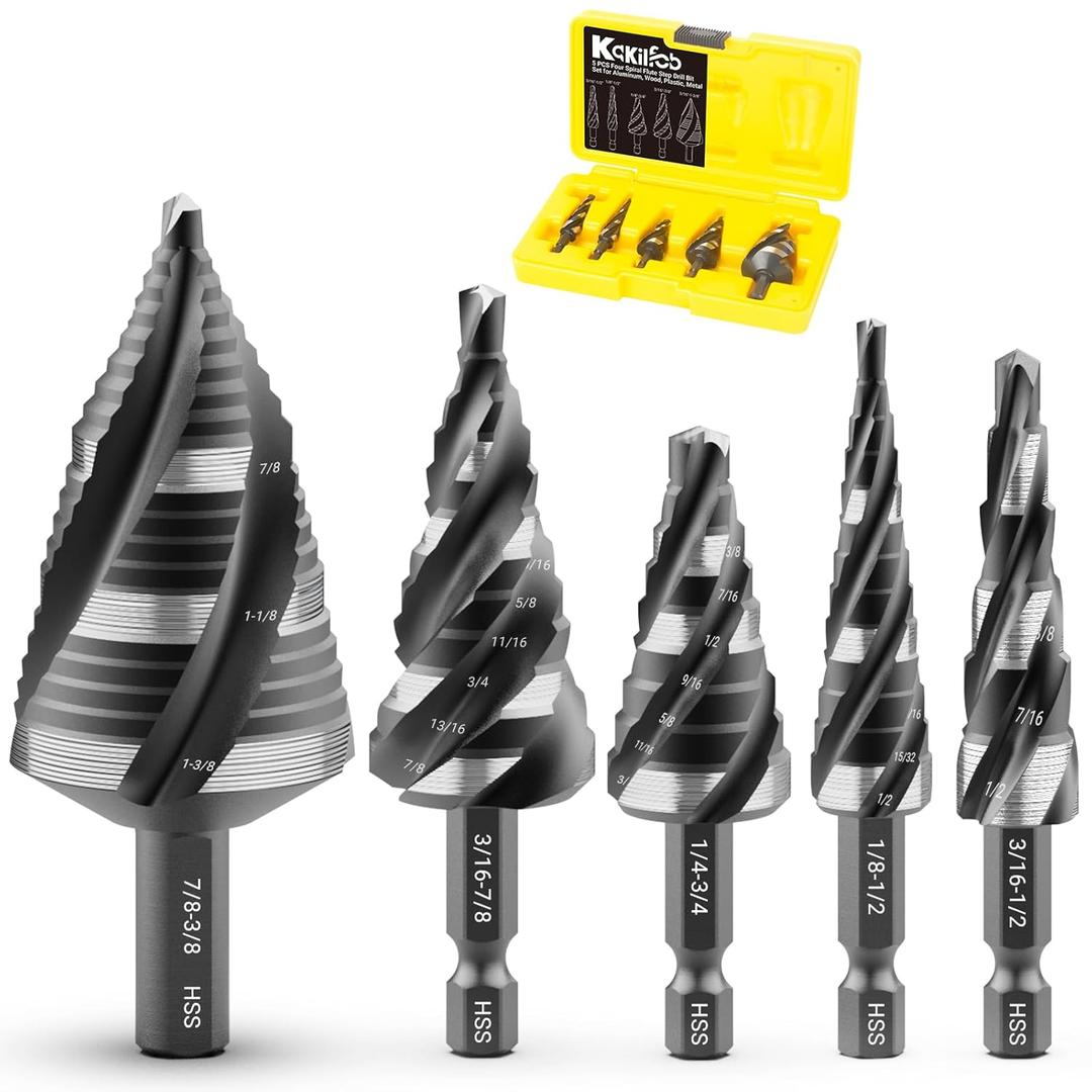 Four Spiral Flute Step Drill Bit Set, 5 Pieces 1/8"-1-3/8" HSS Unibit Step Drill Bit, 1/4" and 3/8" Shank Step Bits for Metal, Aluminum, Wood, Plastic