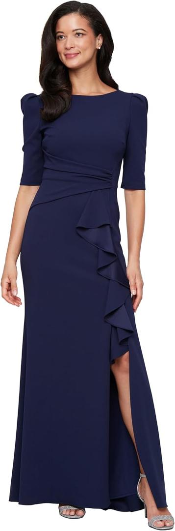 Alex Evenings Women's Stretch Crepe Dress with Puff Shoulder Elbow Sleeves, Tucked Waist Detail and Cascade Ruffle (Blue, 10)