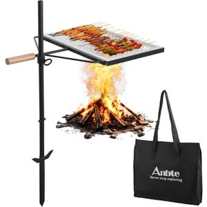 Anbte 35" Swivel Campfire Grill Grate, 360 Adjustable Heavy Duty Chrome-Plated Steel Fire Pit Grill with Carry Bag, Portable for Camping Backyard Outdoor BBQ Cooking Open Fire