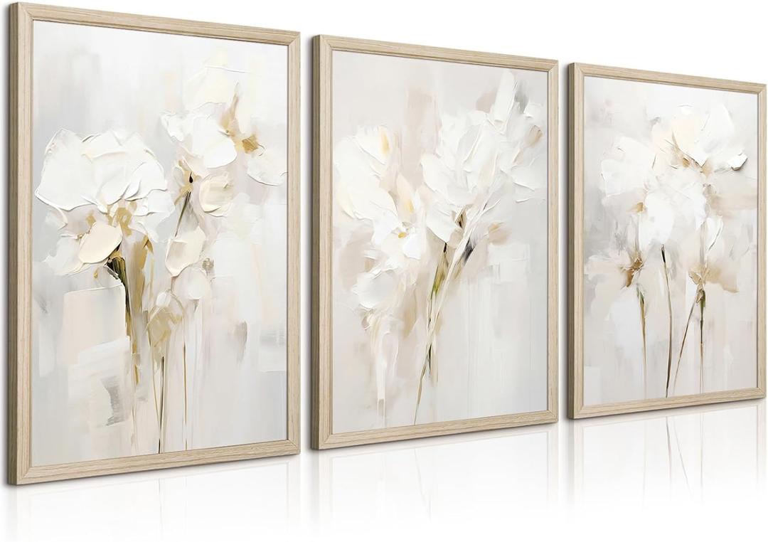 Neutral Wall Art Abstract Floral Canvas Pictures Beige Flower Wall Decor Modern Painting Minimalist Poster Abstract Botanical Prints White Artwork for Bedroom Living Room 16x24x3 Inch Wood Framed