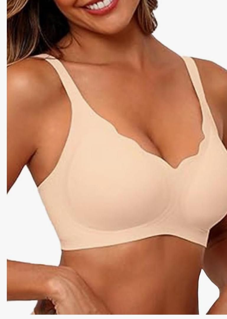 Women's Seamless Bras No Underwire Comfort Bralettes Push Up Bras Wireless Scalloped Full Coverage Everyday Bra Size Large, Nude Color
