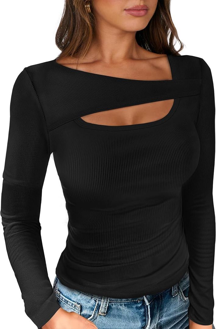 ANRABESS Womens Cutout Tops Trendy Sexy Long Sleeve Shirts Ribbed Slim Fit Tee 2025 Fall Fashion Going Out Tshirts Clothes (Large, Black)