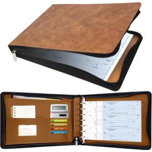 Antner Zippered 7 Ring Business Checkbook Binder Portfolio for 3-on-a-Page Business Checks, 600 Checks Capacity, PU Leather Check Book Binder Cover for 9x13 Sheets, Built-in Storage Organizer, Brown