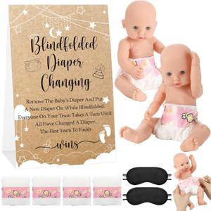 9 Pcs Baby Shower Diaper Changing Game Supplies including Baby Dolls Blindfold diapers wooden sign Changing Race Game party favor (Star,Brown)