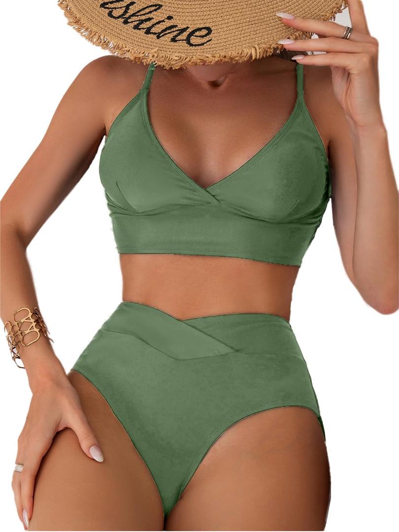 Womens Bathing Suit 2 Piece Tummy Control High Leg Swimsuit V Cut Bottom S, Army Green