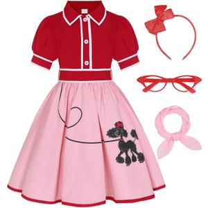50s Outfit for Girls 50s Costume Girls Poodle Skirt Sock Hop Halloween Party Dress Up (Pink, S)
