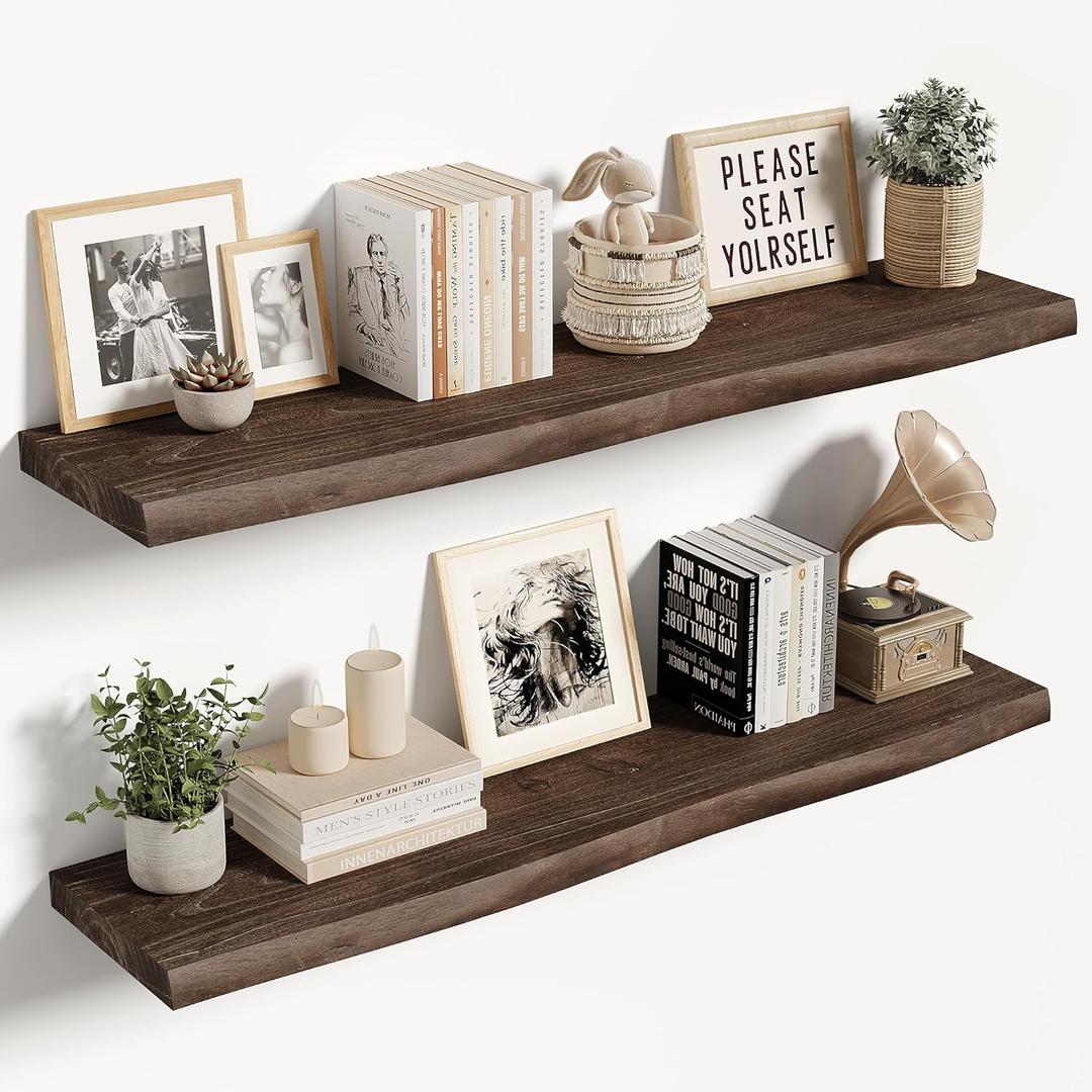 Vivelove Live Edge Floating Shelves 36 inch Long, Elm Wood Wall Display Shelf with Invisible Bracket for Living Room Bedroom Bathroom Office, Rustic Farmhouse, Solid Wood Set of 2 - Dark Walnut