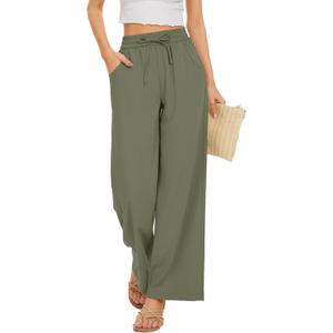 KICZOY Women Flowy Pants Drawstring Waist Wide Leg Palazzo Beach Pants Loose Fit with Pockets (Small, Army Green)