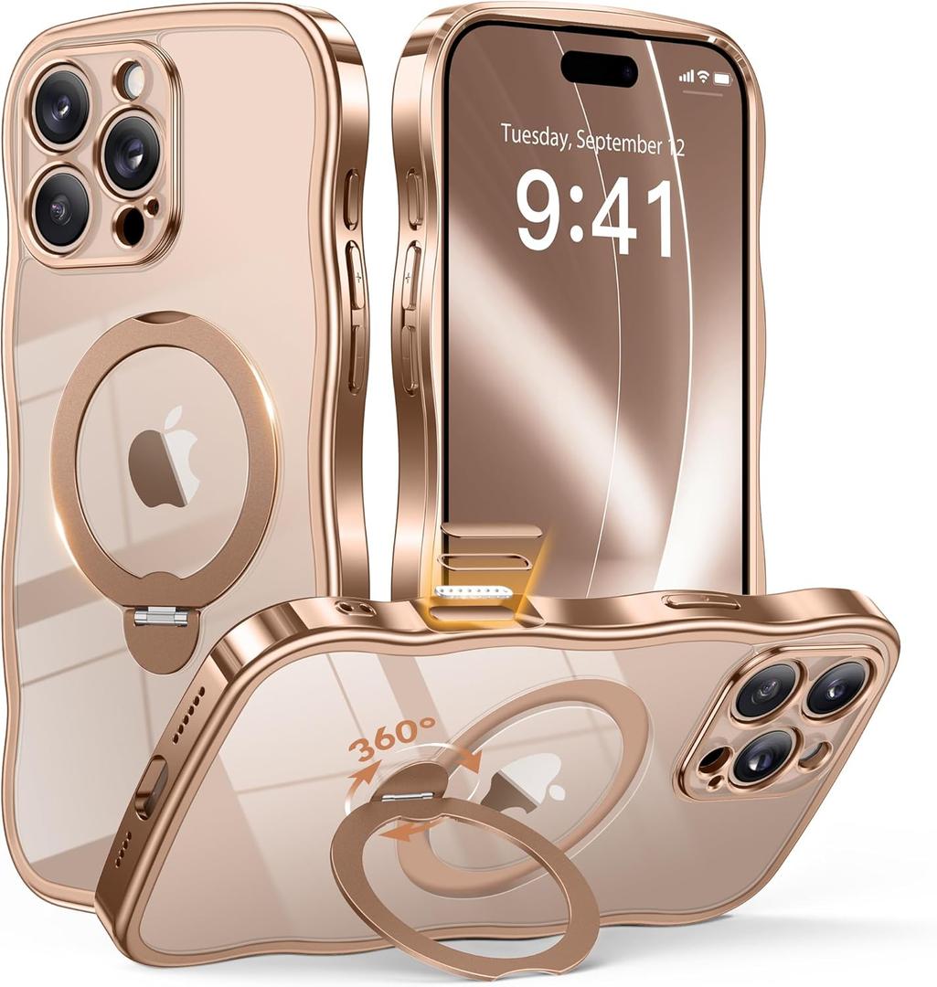 GVIEWIN for iPhone 16 Pro Max Case with 360 Magnetic Stand, [Compatible with MagSafe][Full Camera Protection][Non-Yellowing] Cute Slim Electroplated Wave Shockproof Phone Case 6.9", Clear/Rose Gold