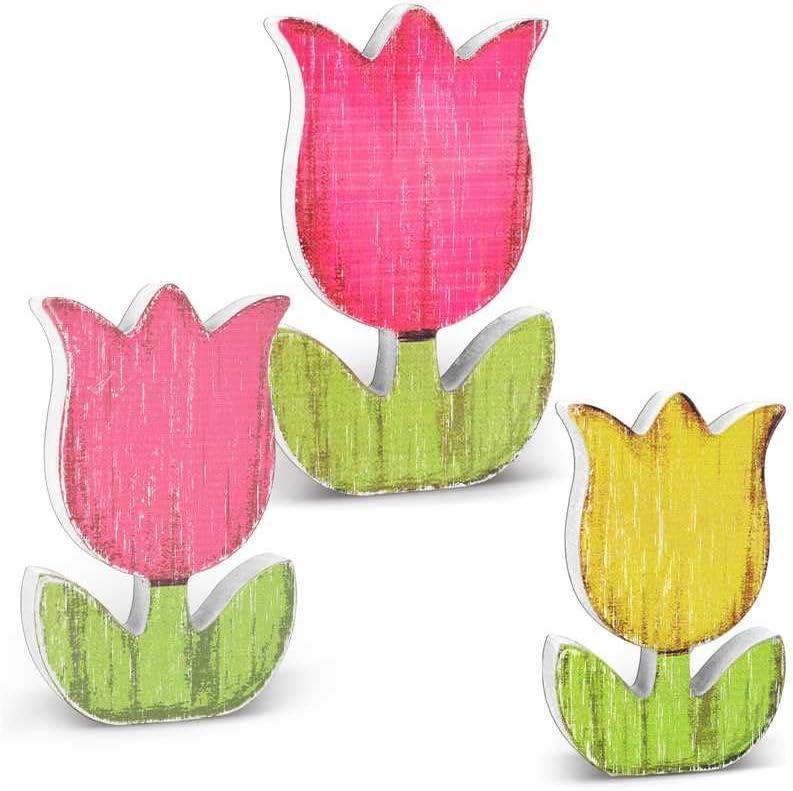 3 Size Spring Tulips Wood Signs Spring Table Decoration Retro Pastel Flower Table Centerpieces Double Printed Farmhouse Distressed Easter Tiered Tray Floral Block Tabletop Signs for Home Decor