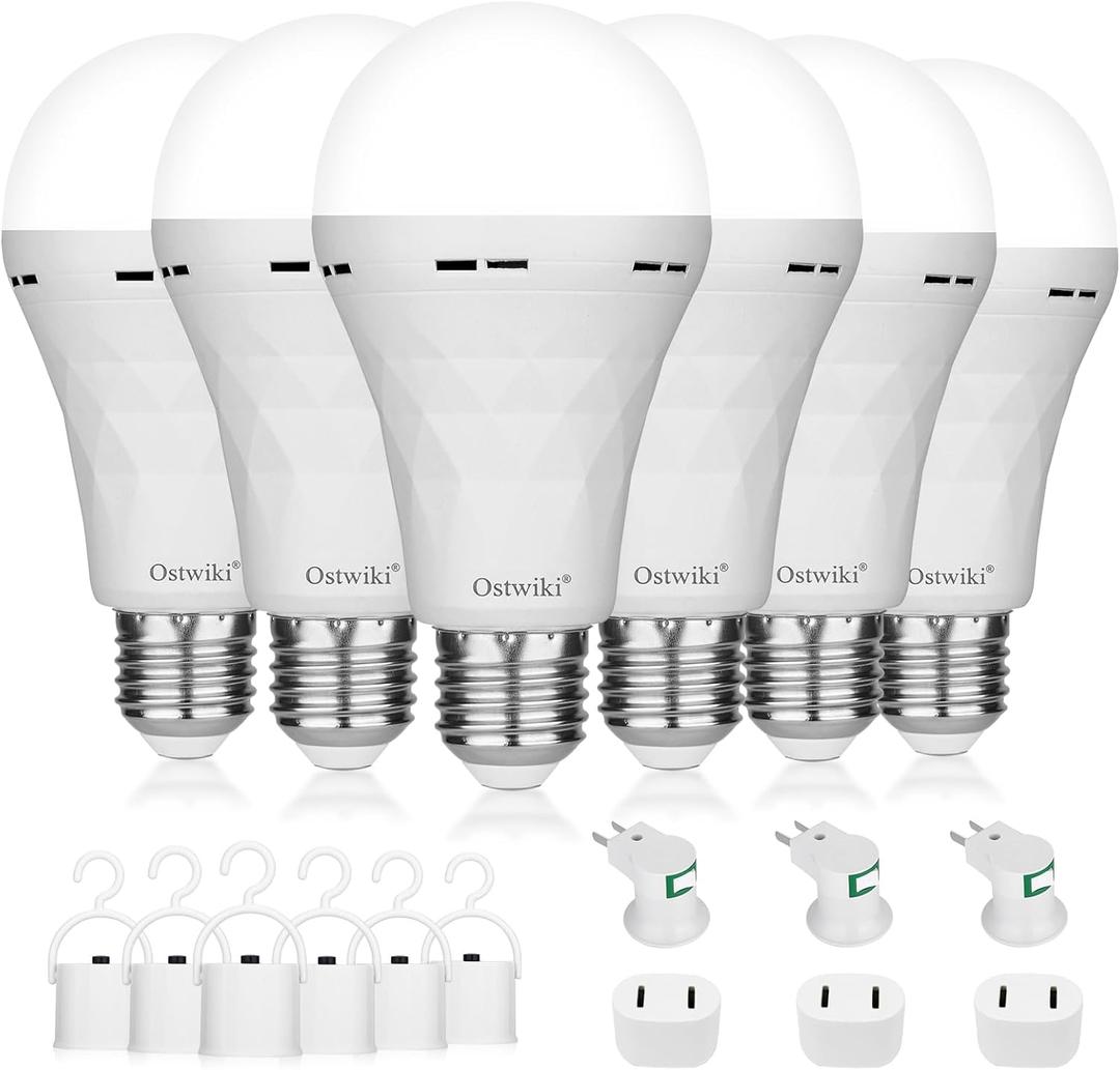 Ostwiki Rechargeable Light Bulbs,6 Pack Battery Operated Backup Emergency Light Bulb for Power Outage Camping Outdoor Hurricane 9W E27 8500K 1200mAh White Equivalent Self-Charging LED Light Bulbs