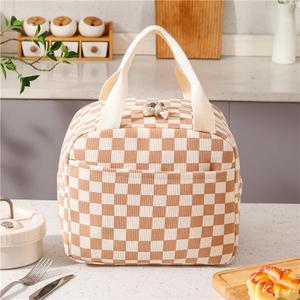 Cute Corduroy Lunch Box for Women, Insulated Leakproof Cooler Lunch Tote Bags for Work Office Travel Picnic, Lightweight Reusable Lunch Bag (Coffee Checkered)