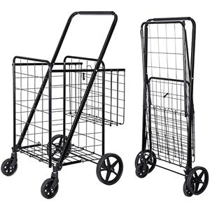 SUPER DEAL Folding Shopping Cart with Wheels and Double Basket for Groceries Laundry Book Luggage Travel, Black