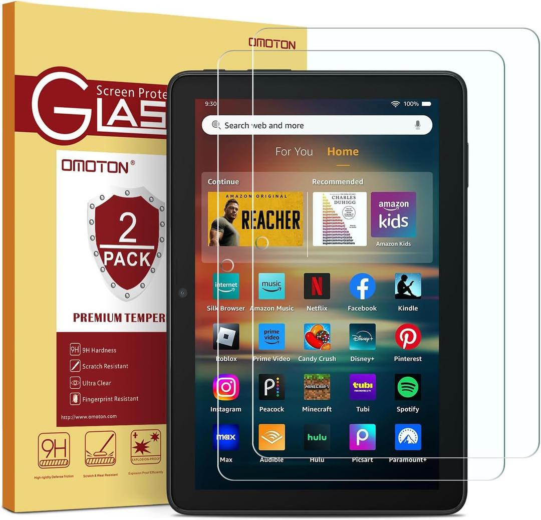 OMOTON Screen Protector for New Amazon Kindle Fire HD 8/8 Plus/Kids/Kids Pro Tablet(2024/2022/2020, 12th/10th Generation, 8 inch), Tempered Glass/9H Hardness/Case Friendly, 2 Pack