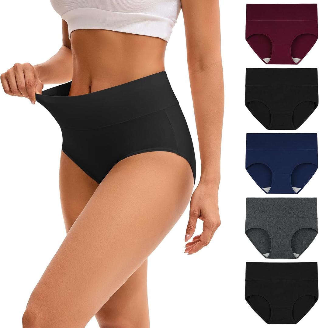 INNERSY Women's High Waisted Underwear Cotton Panties Regular & Plus Size 5-Pack (Large)