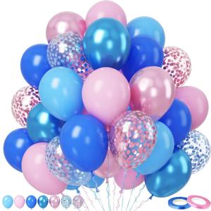 Paready Pink and Blue Balloon Set - 50Pcs 12 Inch Pastel Confetti, Royal and Metallic Balloons for Kids Girls Birthday, Baby Shower, Gender Reveal Supplies