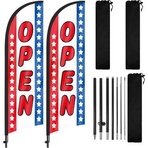 Open Feather Flag with Pole and Ground Stake 8Ft, Open Sign Swooper Flag Advertisng Feather Banner for Outside Businesses, 2Pack