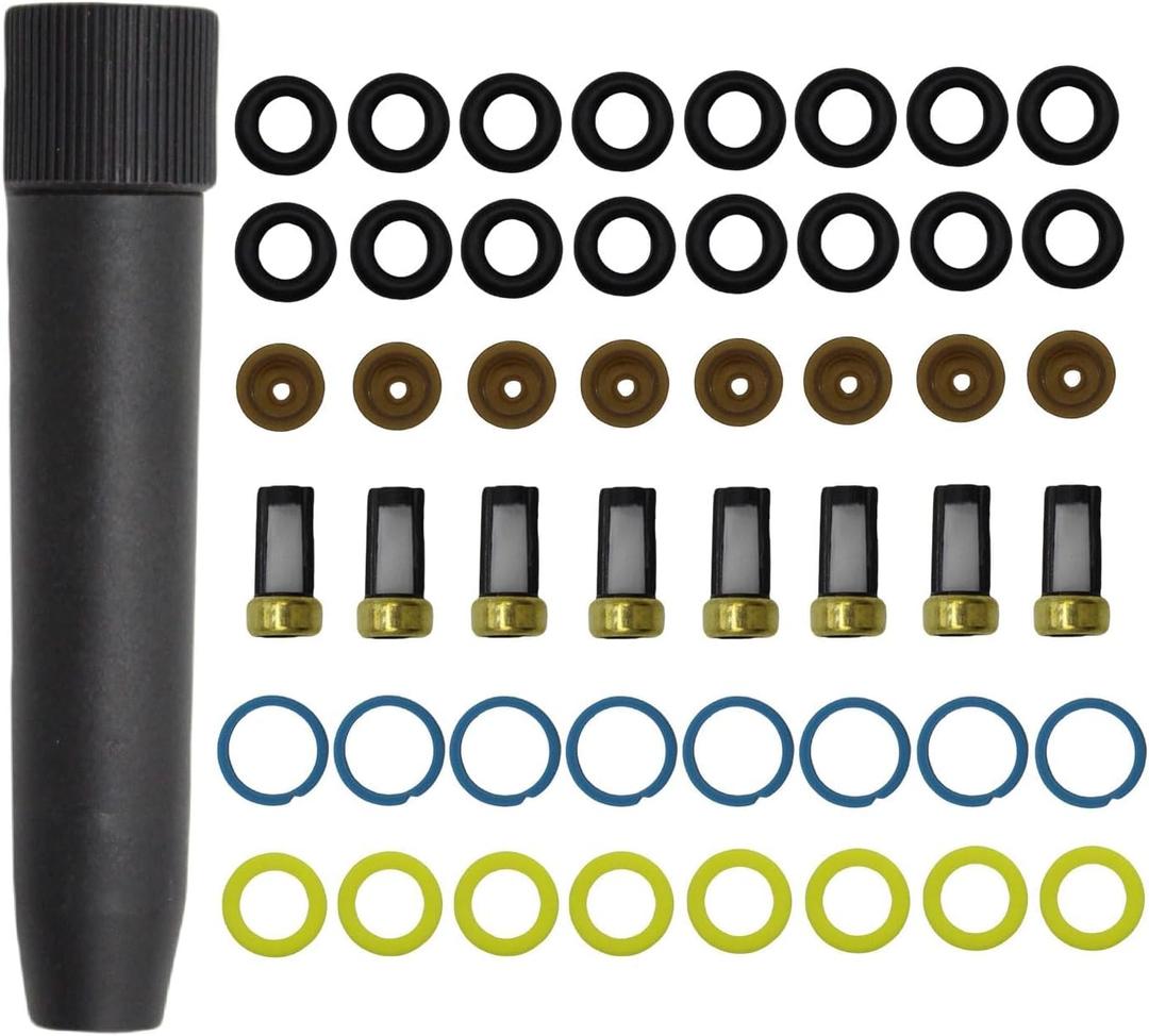 Fuel Injector Seal Kits Universal Repair Set Includes O-Rings Pintle Caps Seal Spacers and Filter Baskets (8 Set) with 1pcs Filter Removal Tool Replaces 0280150943 0280150955 0280150962